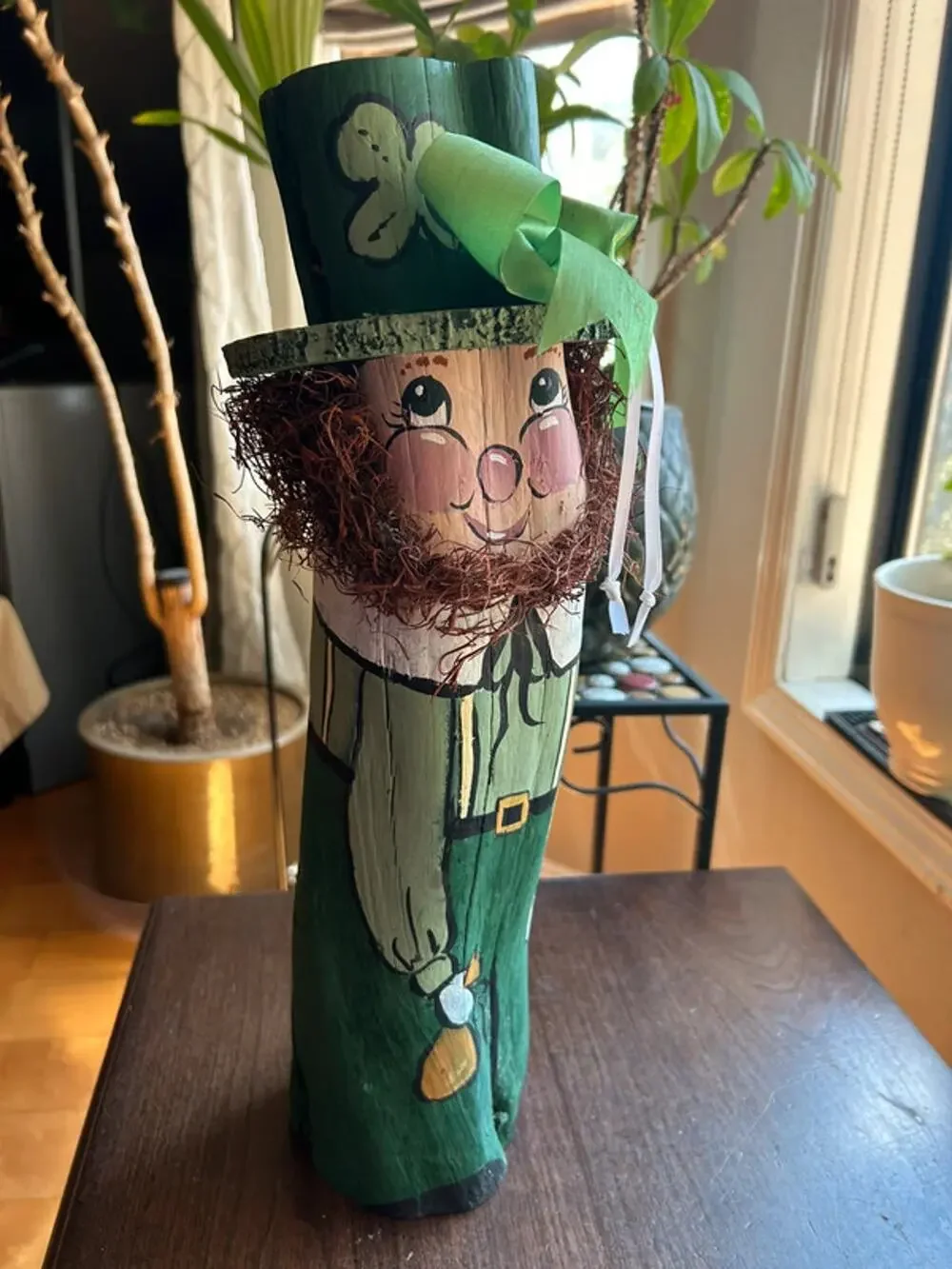 17” Hand painted folk art wood leprechaun figurine signed w/ green top hat
